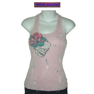 y2k Grail Pink Splatter Distressed Skull Ribbed Tank Top As Seen On Celebrity